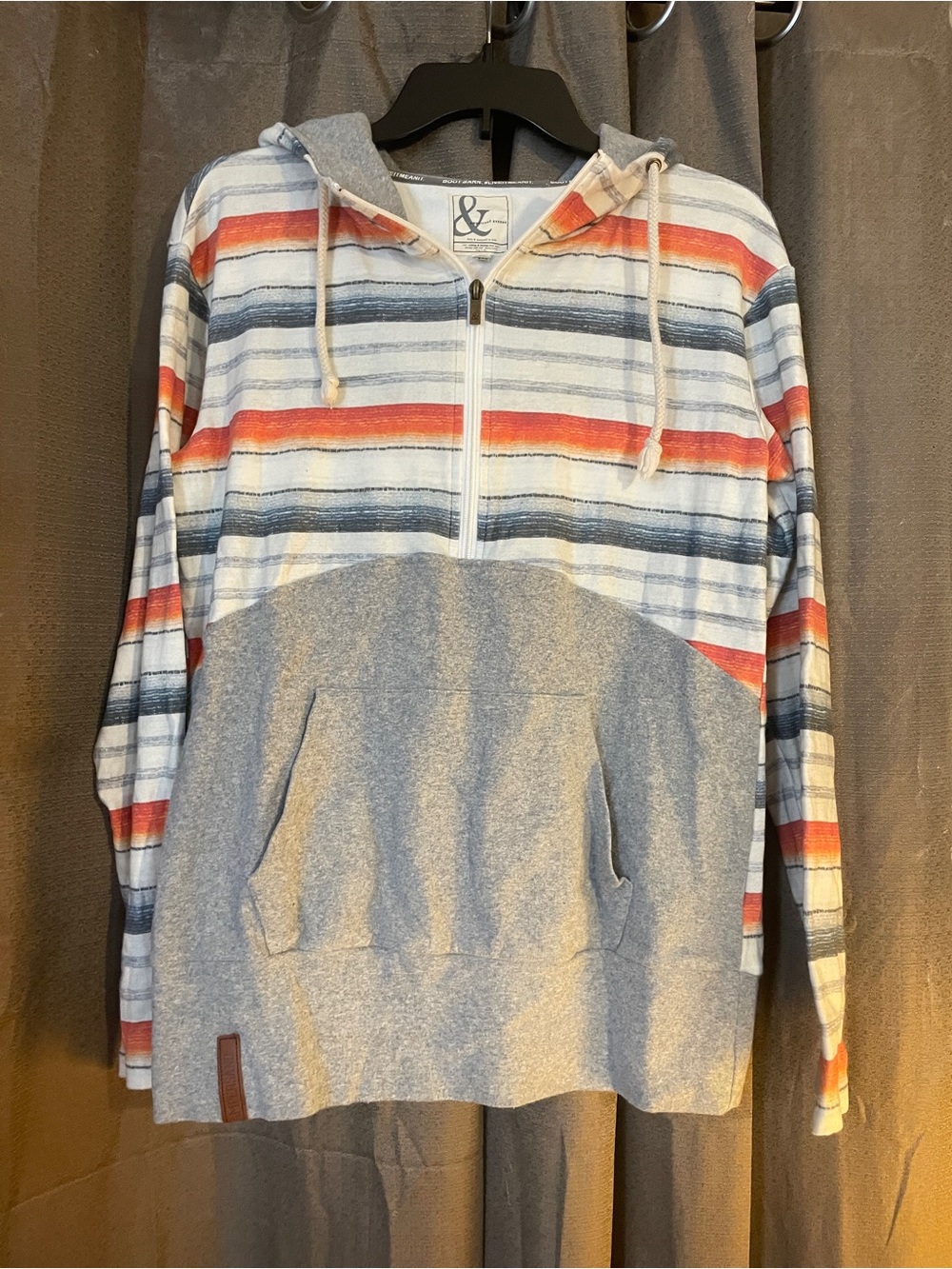 AMPERSAND AVE Striped Half-Zip Hoodie Sweater - Gray, Red & Blue